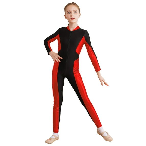 DPOIS Kids Girls Gymnastics Unitard Long Sleeve Jumpsuit Metallic Full Body Bodysuit Red 10