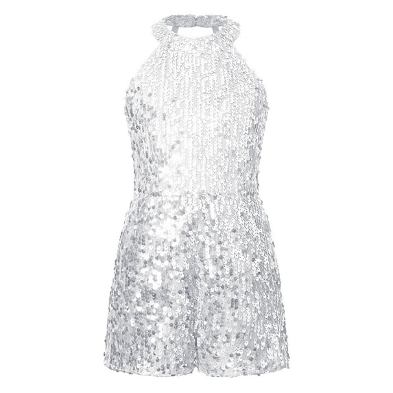 DPOIS Kids Girls Halter Neck Full Sequined Romper Sleeveless Shiny Jumpsuit Silver 14