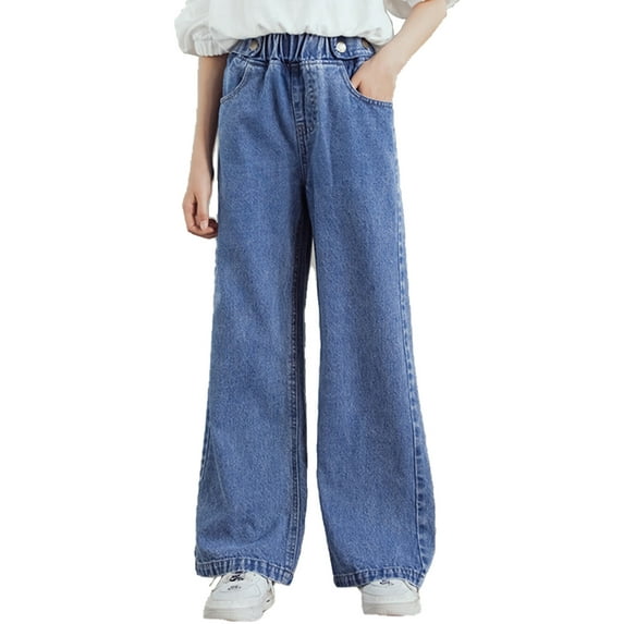 DPOIS Kids Girls High Waist Wide Leg Jeans Baggy Denim Pants Blue 9-10