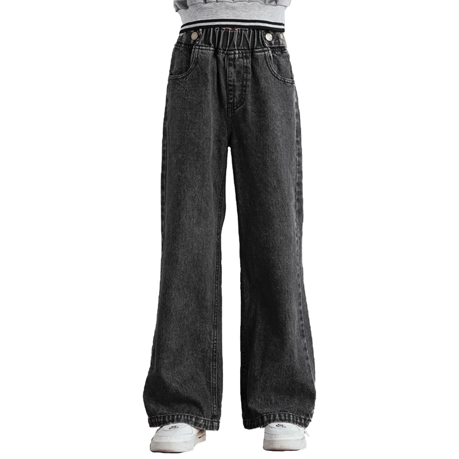 DPOIS Kids Girls High Waist Wide Leg Jeans Baggy Denim Pants Charcoal ...