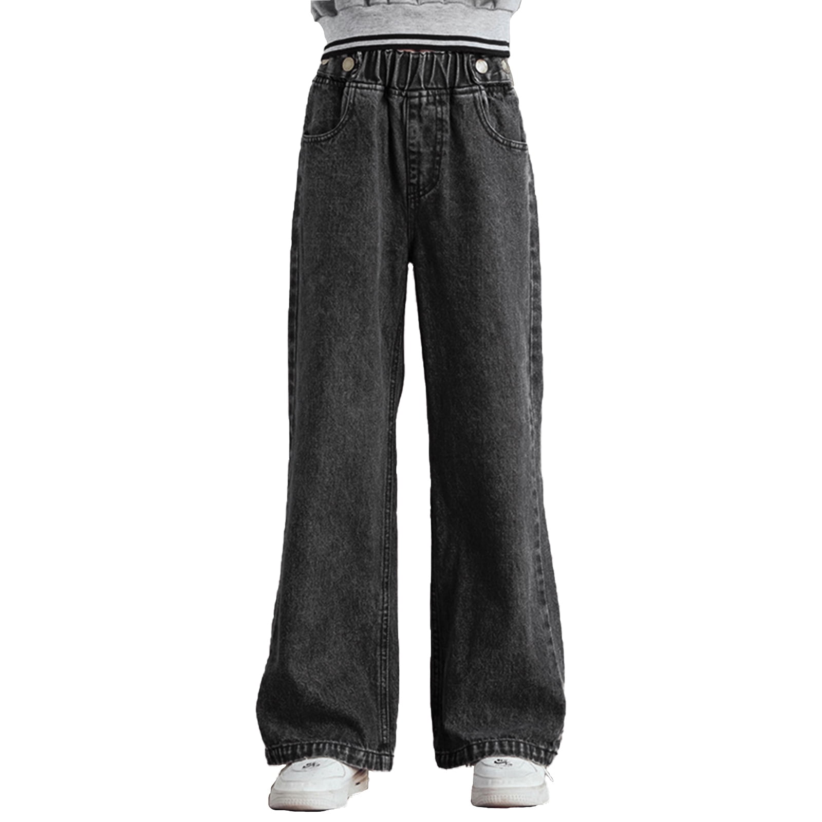 DPOIS Kids Girls High Waist Wide Leg Jeans Baggy Denim Pants Charcoal Grey  12-13 