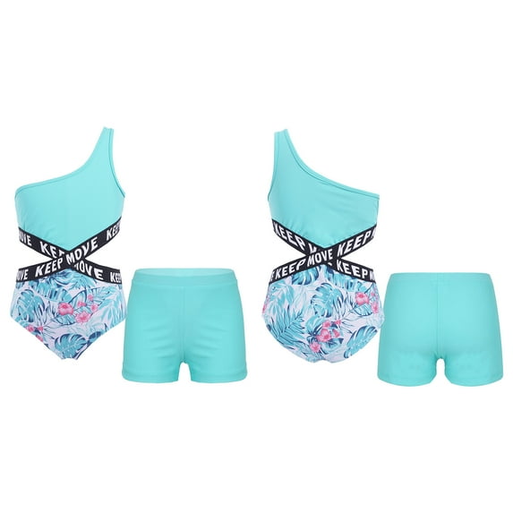 DPOIS Kids Girls High Waisted Tankini Set with Shorts Cutout Bathing Suit One Shoulder Swimsuit