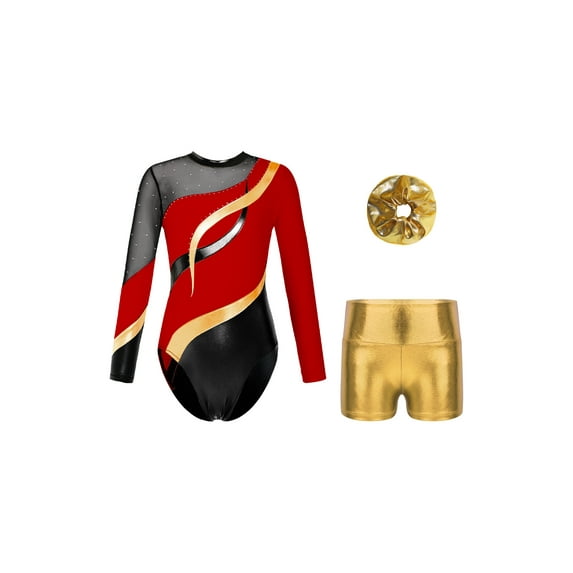 DPOIS Kids Girls Long Sleeve Gymnastics Leotard Bodysuit+Shorts+Hair Band Red 10