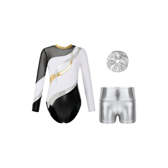 DPOIS Kids Girls Long Sleeve Gymnastics Leotard Bodysuit+Shorts+Hair Band White 16