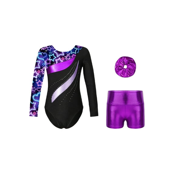 DPOIS Kids Girls Long Sleeve Gymnastics Leotard Bodysuit with Shorts Scrunchies Neon Starry 4