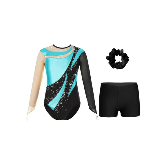 DPOIS Kids Girls Long Sleeve Gymnastics Leotard with Shorts Activewear Lake Blue 14