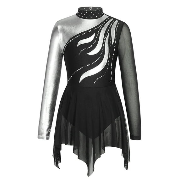 DPOIS Kids Girls Long Sleeve Metallic Mesh Patchwork Dance Dress Gymnastic Figure Ice Skating Dress