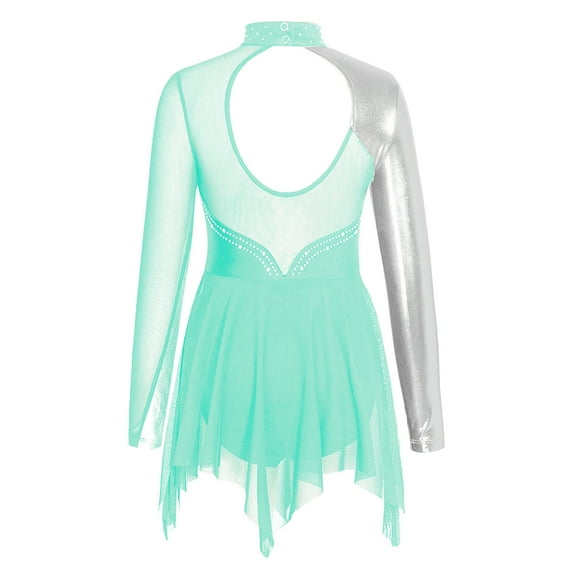 DPOIS Kids Girls Long Sleeve Metallic Mesh Patchwork Dance Dress Gymnastic Figure Ice Skating Dress