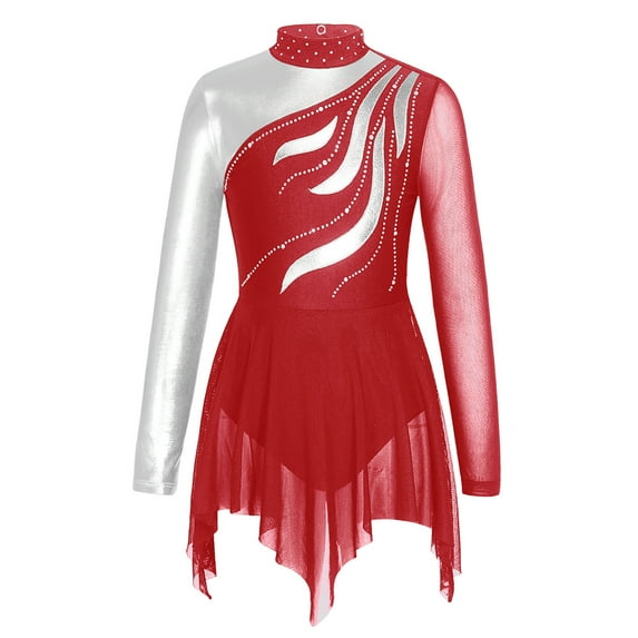 DPOIS Kids Girls Long Sleeve Metallic Mesh Patchwork Dance Dress Gymnastic Figure Ice Skating Dress