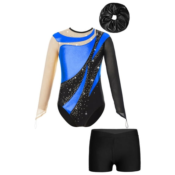 DPOIS Kids Girls Long Sleeve Rhinestone Gymnastics Leotard Bodysuit+Shorts+Hair Band Royal Blue&Black 6