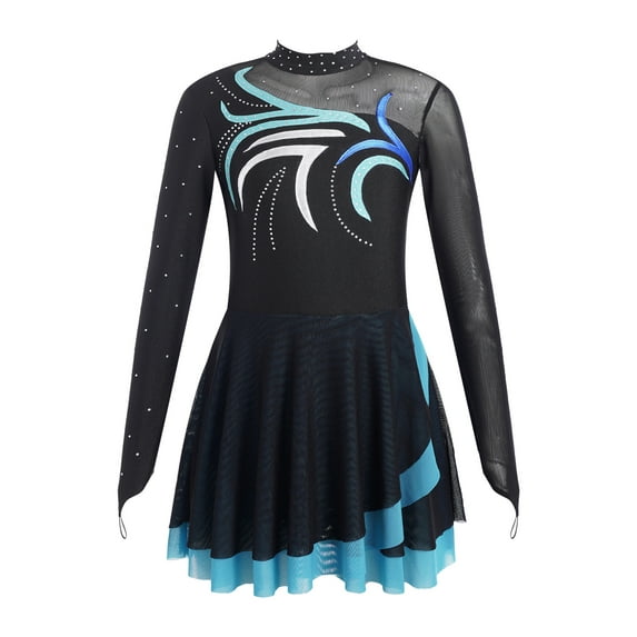 DPOIS Kids Girls Long Sleeve Shiny Rhinestone Figure Ice Skating Dress Sky Blue 14