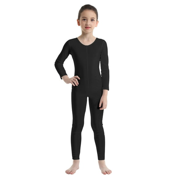 DPOIS Kids Girls Long Sleeve Unitard Leotard Jumpsuit Full Length Bodysuit Black 11-12