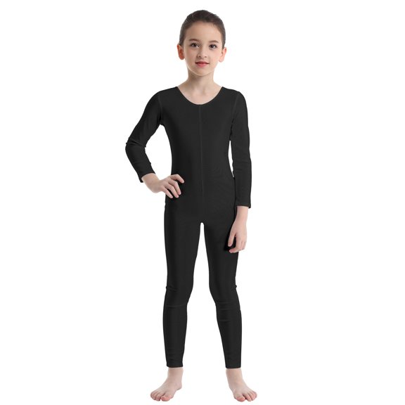 DPOIS Kids Girls Long Sleeve Unitard Leotard Jumpsuit Full Length Bodysuit Black 13-14