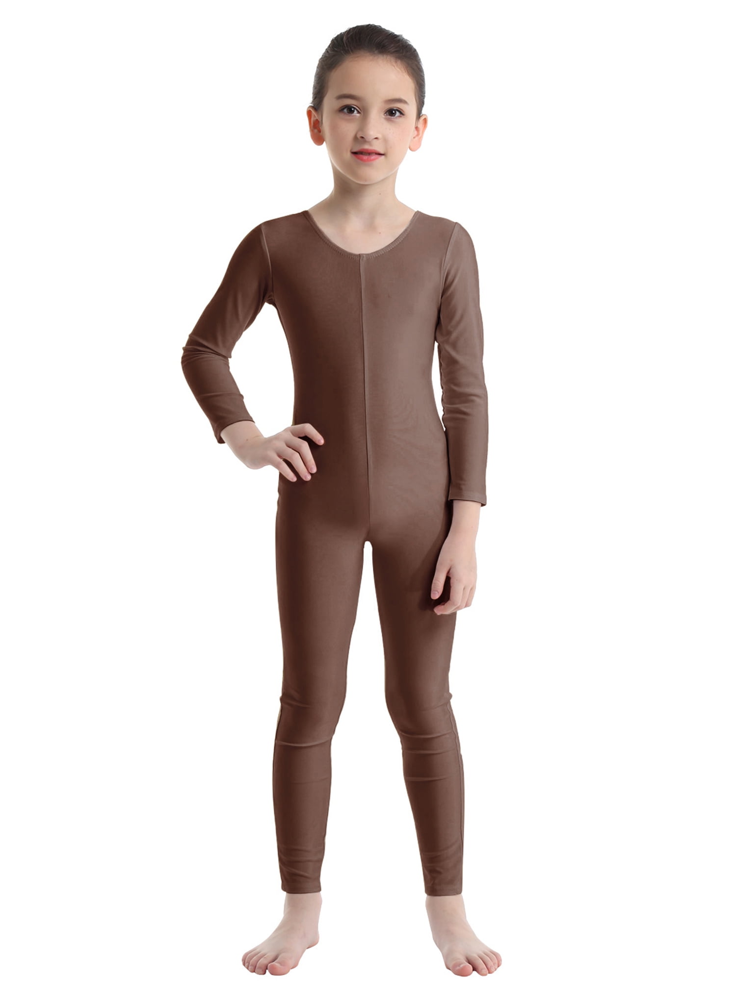 DPOIS Kids Girls Long Sleeve Unitard Leotard Jumpsuit Full Length Bodysuit  Brown 11-12