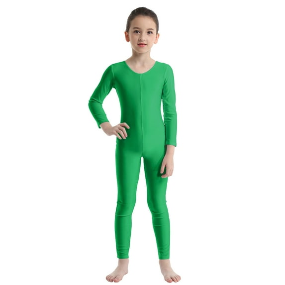 DPOIS Kids Girls Long Sleeve Unitard Leotard Jumpsuit Full Length Bodysuit Green 9-10