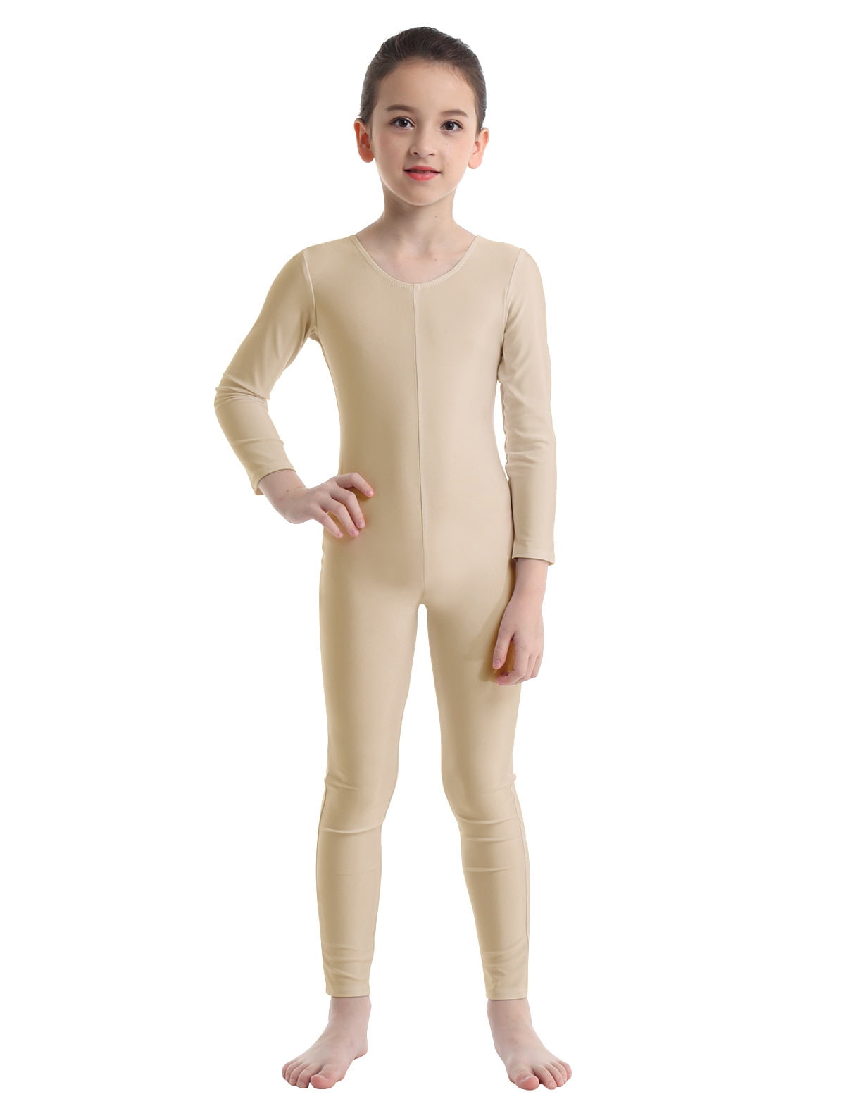 DPOIS Kids Girls Long Sleeve Unitard Leotard Jumpsuit Full Length Bodysuit  Nude 11-12 