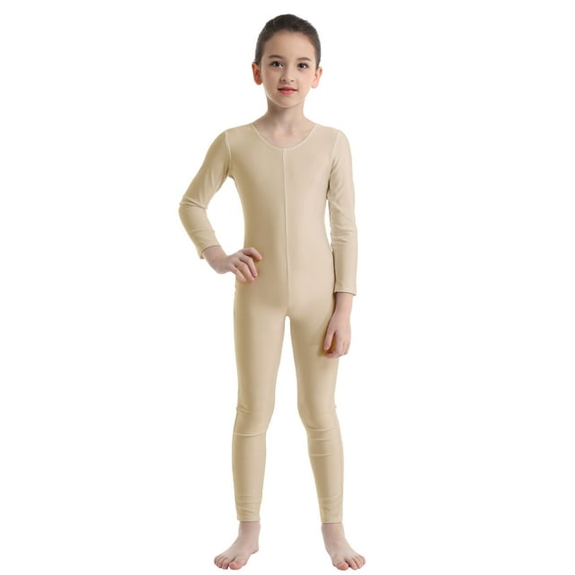 DPOIS Kids Girls Long Sleeve Unitard Leotard Jumpsuit Full Length Bodysuit Nude 11-12