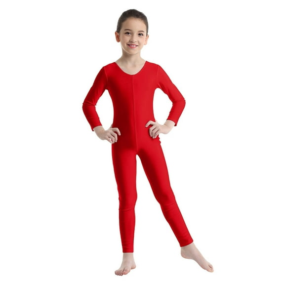 DPOIS Kids Girls Long Sleeve Unitard Leotard Jumpsuit Full Length Bodysuit Red 7-8