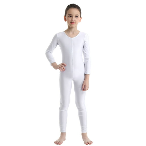 DPOIS Kids Girls Long Sleeve Unitard Leotard Jumpsuit Full Length Bodysuit White 13-14