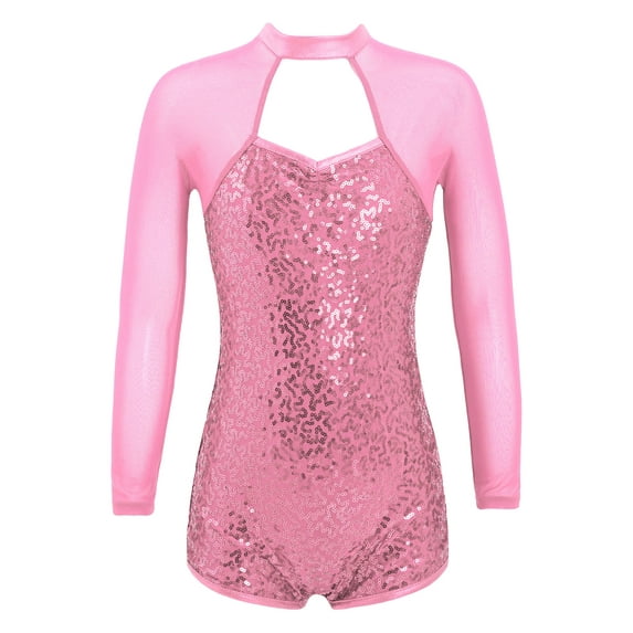 DPOIS Kids Girls Mesh Sequin Gymnastic Dance Leotard Jumpsuit Pink 6