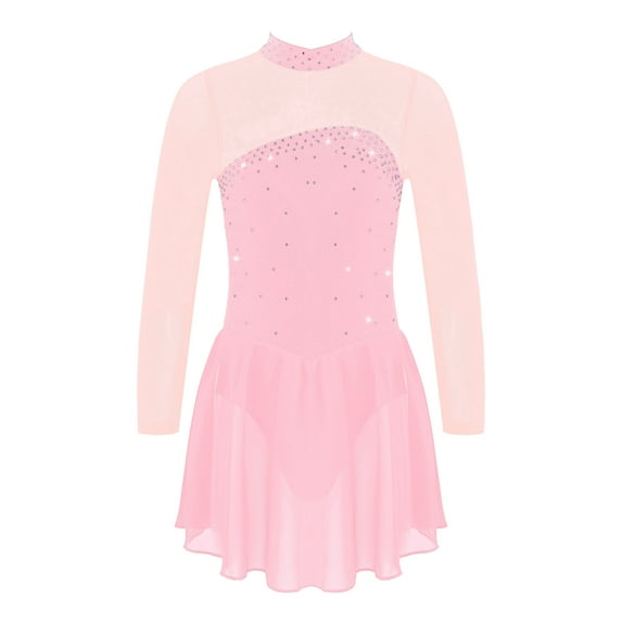 DPOIS Kids Girls Mesh Shiny Rhinestones Figure Ice Skating Dress Ballet Dance Leotard Pink 10