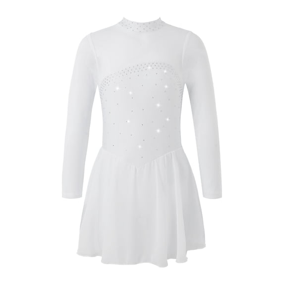 DPOIS Kids Girls Mesh Shiny Rhinestones Figure Ice Skating Dress Ballet Dance Leotard White 4