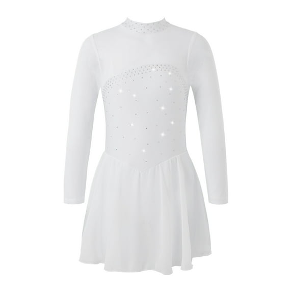DPOIS Kids Girls Mesh Shiny Rhinestones Figure Ice Skating Dress Ballet Dance Leotard White 8