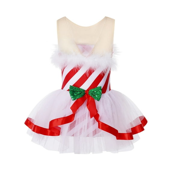 DPOIS Kids Girls Mesh Spliced Christmas Tutu Dress Candy Cane Costume Red 16
