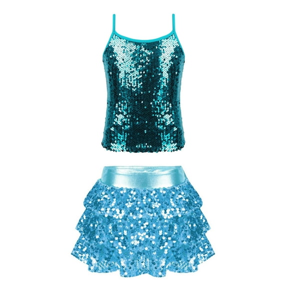 DPOIS Kids Girls Metallic Sequin Dance Outfit Tank Top+Ruffle Skirt Lake Blue 16