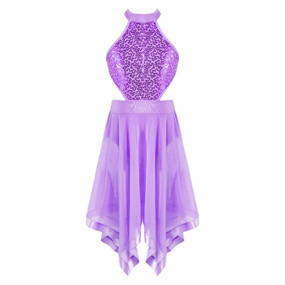 DPOIS Kids Girls Mock-Neck Shiny Sequins Lyrical Ballet Leotard Dance Dress Purple 14