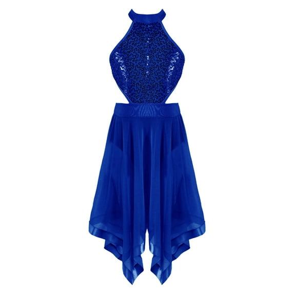 DPOIS Kids Girls Mock-Neck Shiny Sequins Lyrical Ballet Leotard Dance Dress Royal Blue 16