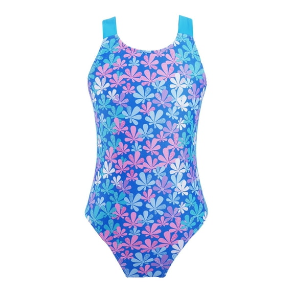 DPOIS Kids Girls One-Piece Sleeveless Criss Cross Swimsuit Sport Athletic Bathing Suit Colorful Floral Blue 4