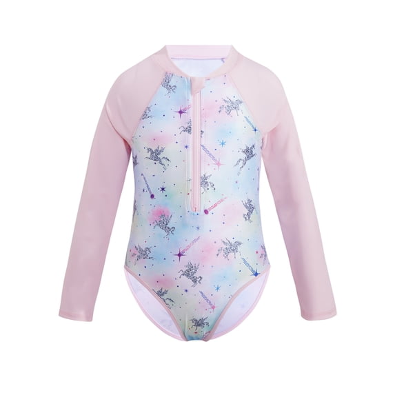 DPOIS Kids Girls One Piece Swimsuit Long Sleeves Sun Protection Rash Guard Bathing Suit Multi Horse 10