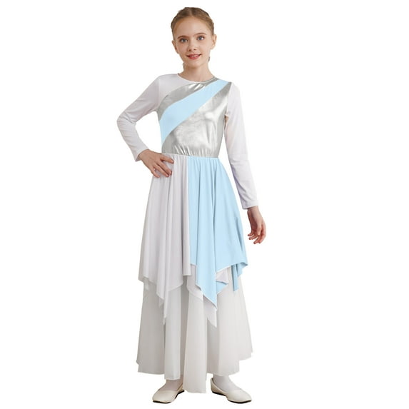 DPOIS Kids Girls Praise Dance Dress Liturgical Dancewear Church Worship Costume Light Blue 10