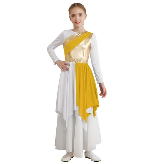 DPOIS Kids Girls Praise Dance Dress Liturgical Dancewear Church Worship Costume Yellow 8