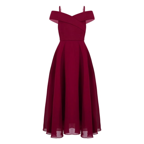 DPOIS Kids Girls Prom Dress Cold Shoulder Spaghetti Strap Evening Party Ball Gown Burgundy 10