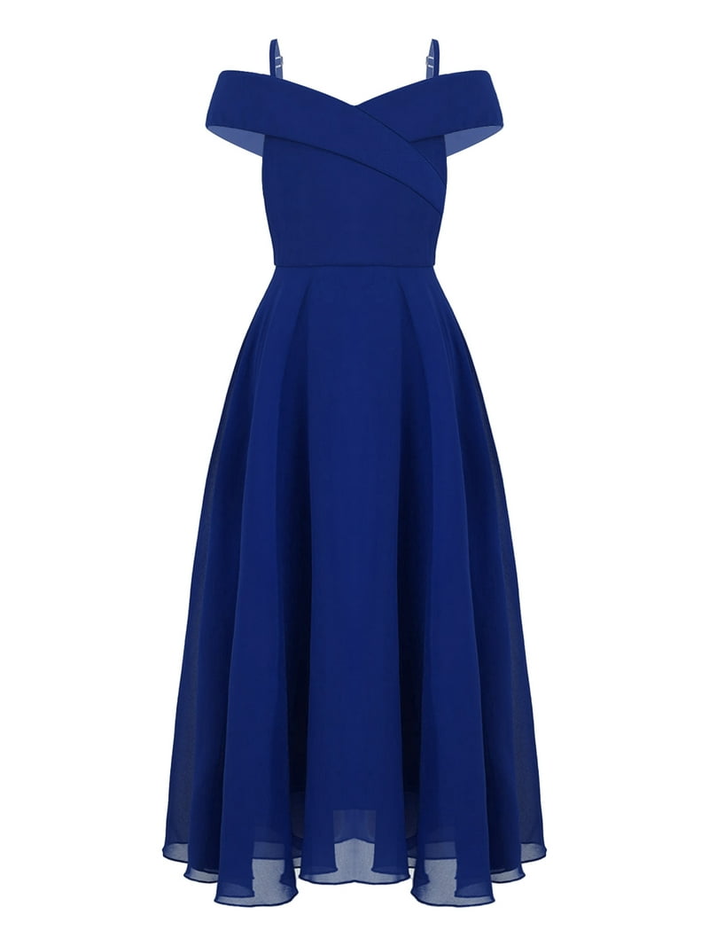 DPOIS Kids Girls Prom Dress Cold Shoulder Spaghetti Strap Evening Party Ball Gown Royal Blue 12