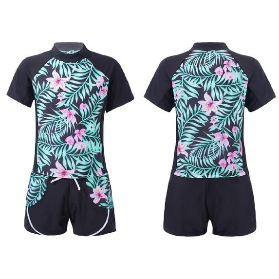DPOIS Kids Girls Rashguard Tankini Swimsuit Floral Short Sleeve Shirt with Boyshorts A Summer Lily Pink 12