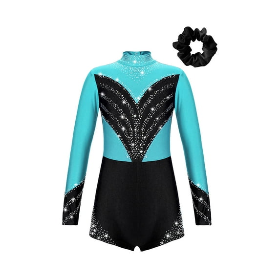 DPOIS Kids Girls Rhinestone Shiny Long Sleeve Gymnastic Leotard Dance Skating Unitard Biketard with Hair Scrunchie Blue Green&Black 16