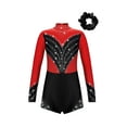 thumbnail image 1 of DPOIS Kids Girls Rhinestone Shiny Long Sleeve Gymnastic Leotard Dance Skating Unitard Biketard with Hair Scrunchie Red&Black 8, 1 of 5