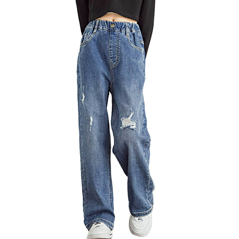 DPOIS Kids Girls Ripped Jeans Elastic Waistband Wide Leg Denim Pants  Trousers Blue 9-10