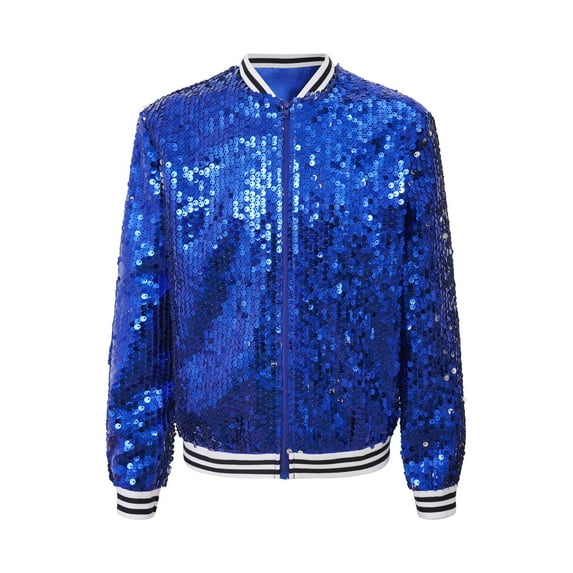 DPOIS Kids Girls Sequin Bomber Jacket Sparkle Long Sleeve Hip Hop Baseball Jackets Royal Blue 12