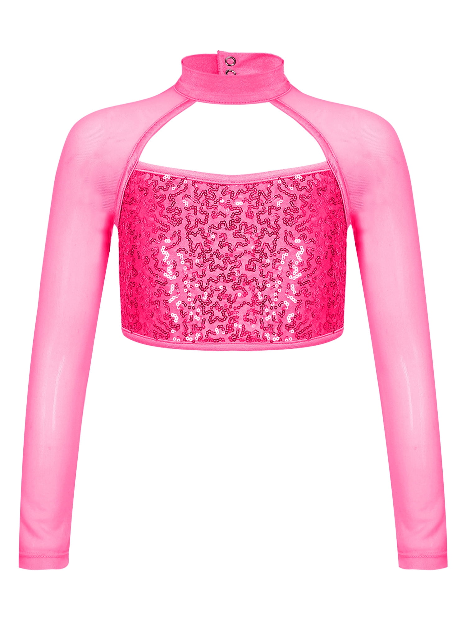 DPOIS Kids Girls Sequin Mock Neck Long Sleeve Gymnastics Dance Crop Top Hot  Pink 16 