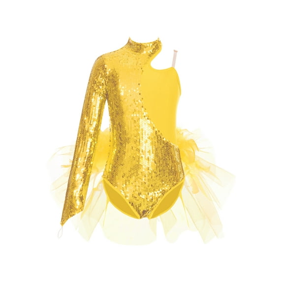DPOIS Kids Girls Sequin One Shoulder Dance Dress Skirted Leotard Jazz Costume Gold 6