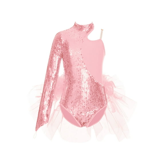 DPOIS Kids Girls Sequin One Shoulder Dance Dress Skirted Leotard Jazz Costume Pink 14