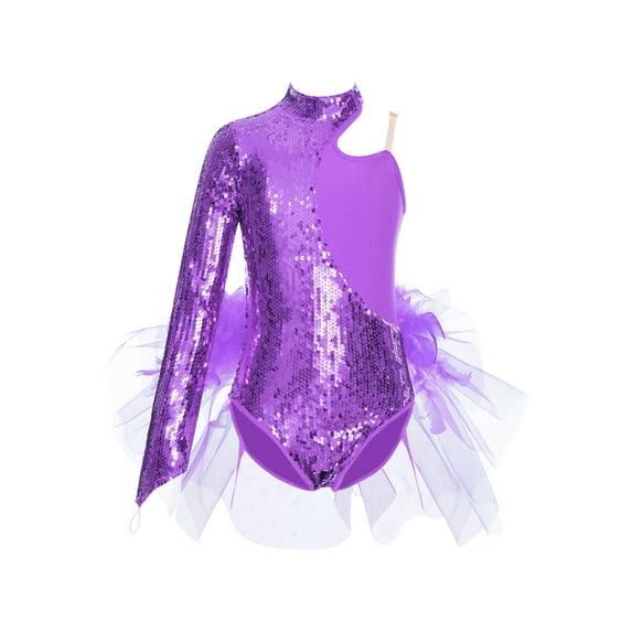 DPOIS Kids Girls Sequin One Shoulder Dance Dress Skirted Leotard Jazz Costume Purple 6