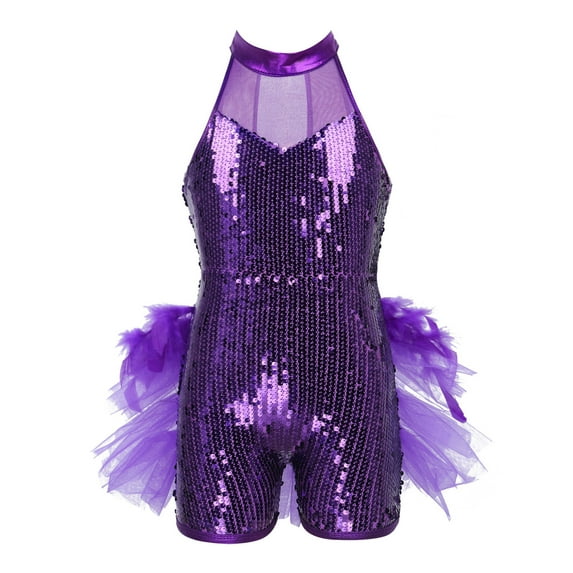 DPOIS Kids Girls Sequined Dance Leotard with Feathers Tulle Jumpsuit Purple 8