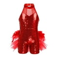 thumbnail image 1 of DPOIS Kids Girls Sequined Dance Leotard with Feathers Tulle Jumpsuit Red 10, 1 of 7