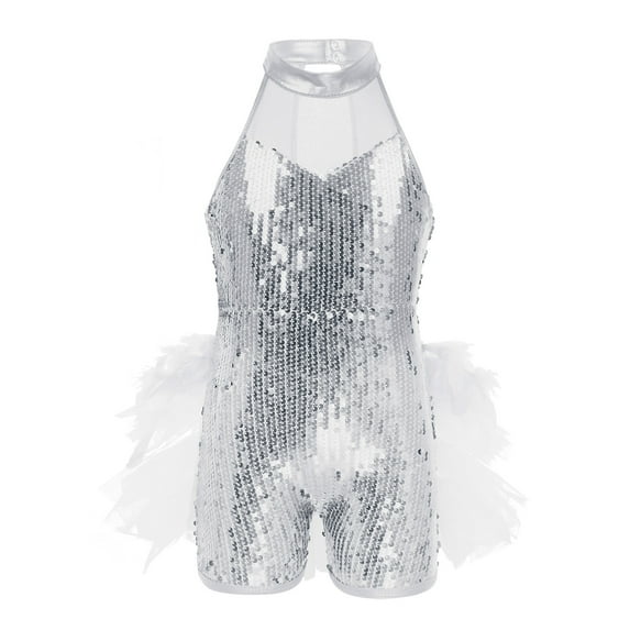 DPOIS Kids Girls Sequined Dance Leotard with Feathers Tulle Jumpsuit White 10