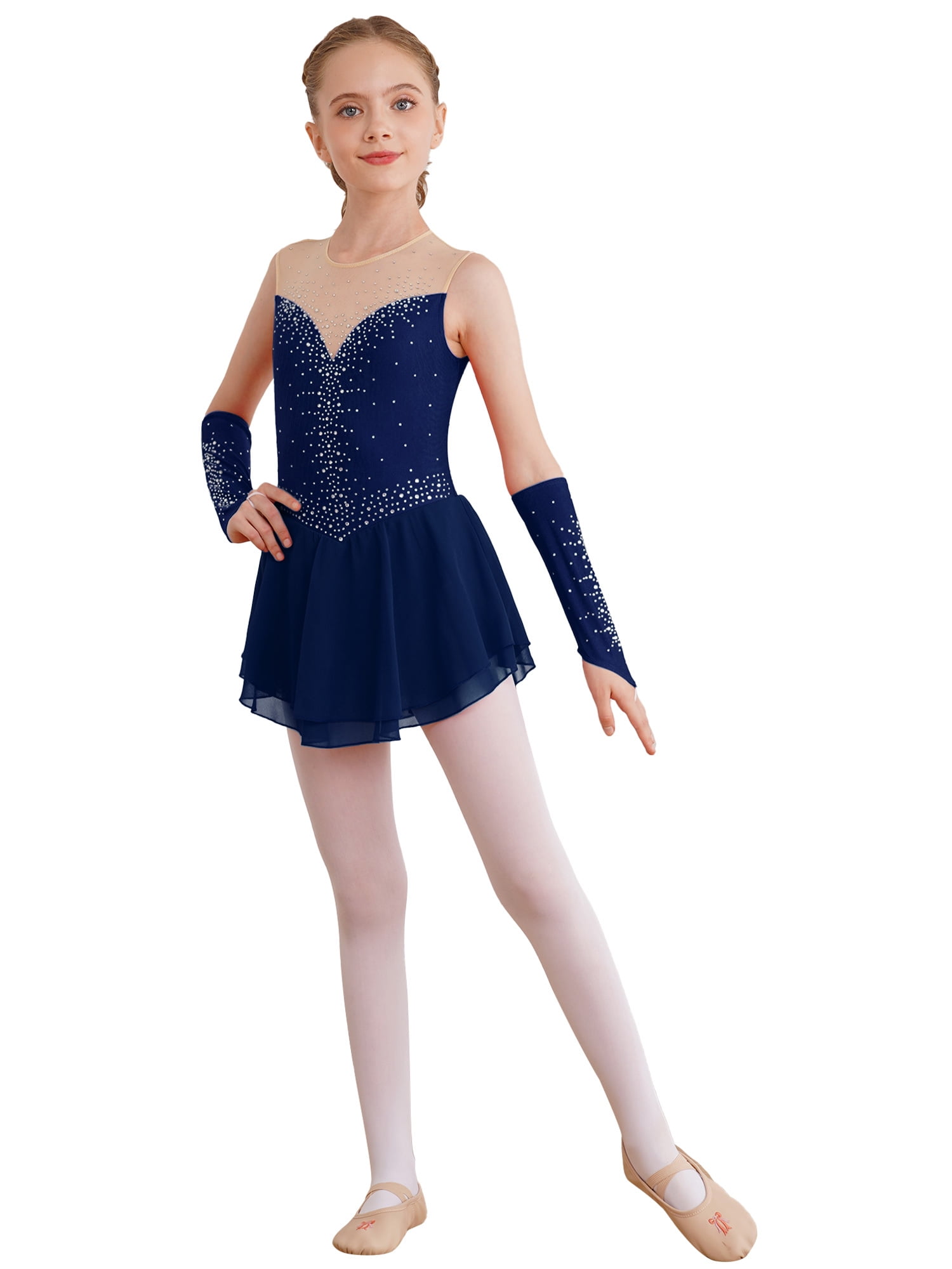 DPOIS Kids Girls Sequined Mesh Splice Ice Skating Dress Ballet Dance